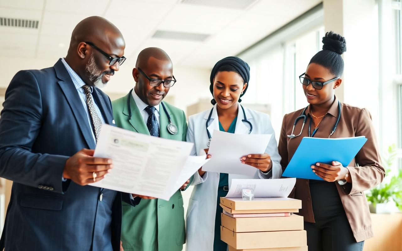 Health ministry officials reviewing medical supply procurement documents